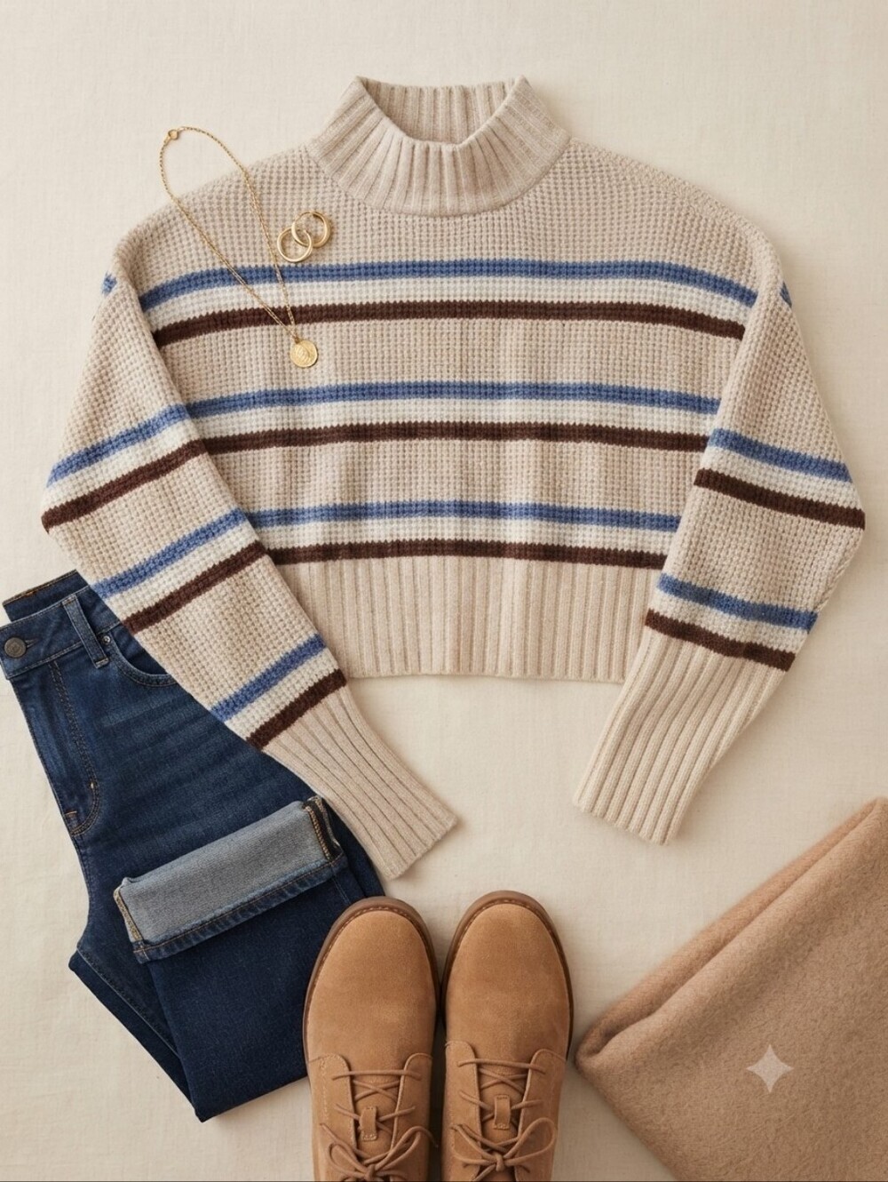 Airzona Jean Co Cream Tan Red White Blue Stripe Knit Mock Neck Crop Sweater